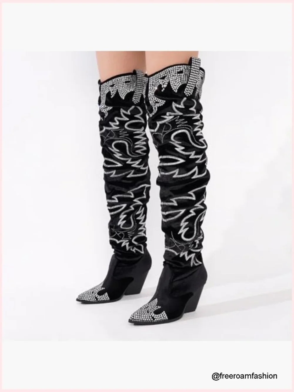 Rhinestone Embroidered Thigh High Cowgirl Boots Velvet Over the Knee Slouchy